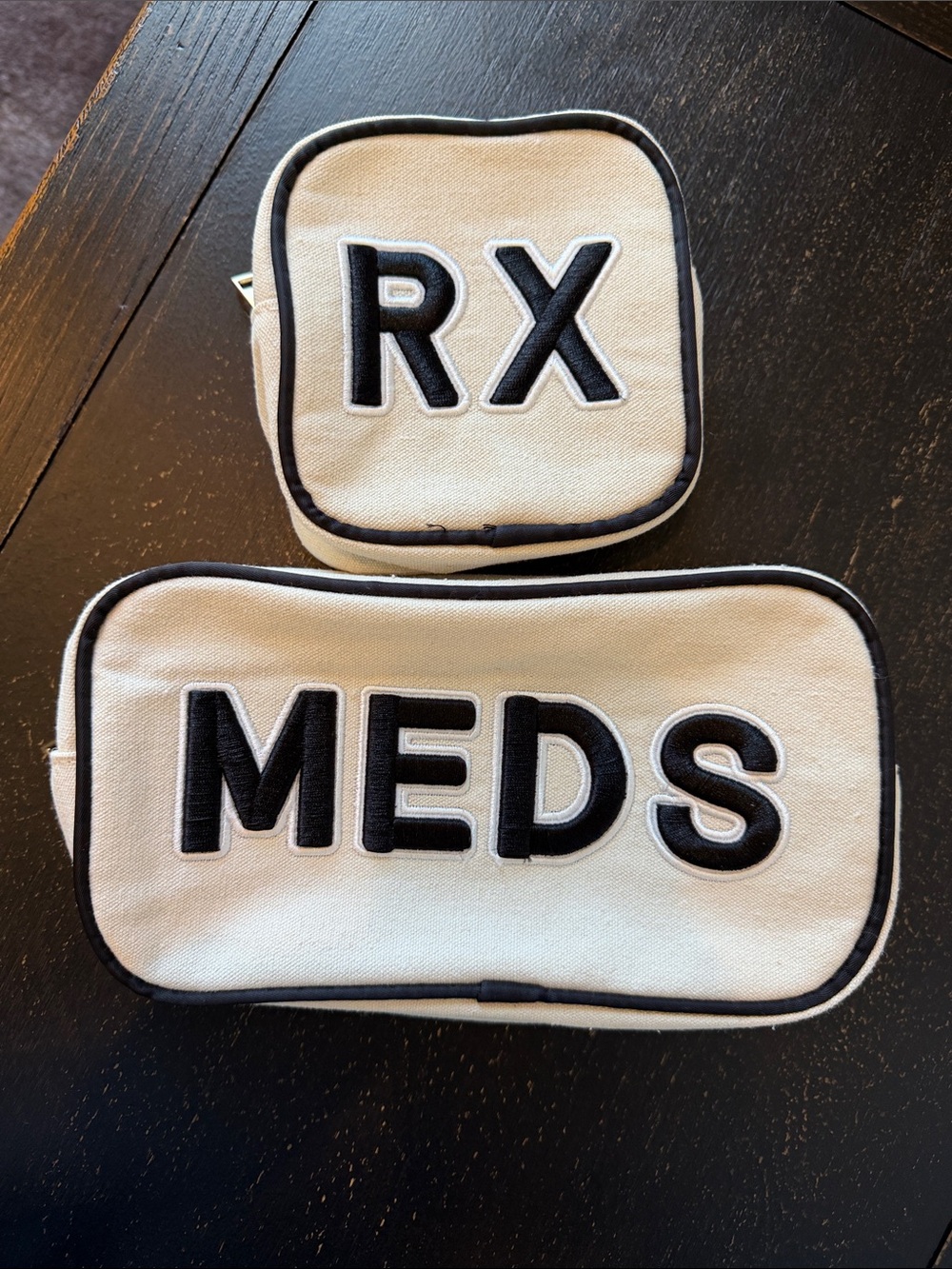 Cream Canvas 'Meds' and 'RX' Pouches with Black Trim